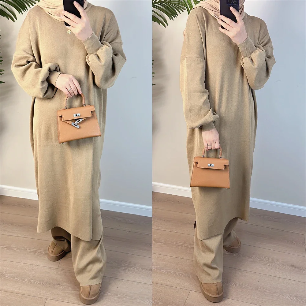 Two Pieces Set Winter Muslim Long Sleeve Knitted Dress and Wide-leg Pants Women Islam Clothing Femme Musulmane Abaya Kaftan Suit