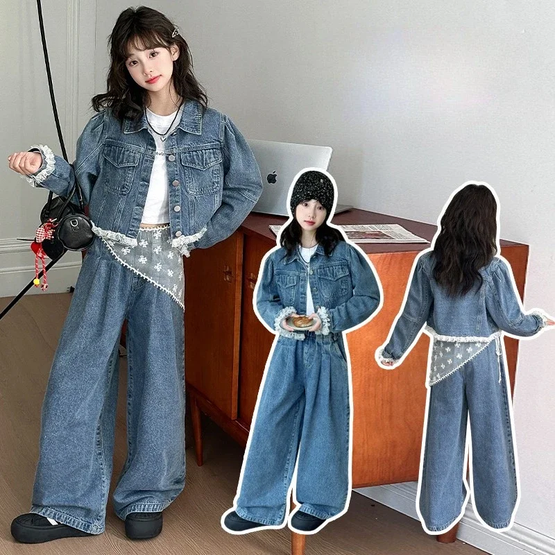 

Комплект одежды для девочек-подростков, кружевная джинсовая куртка с объемными рукавами + широкие джинсы + кружевной пояс, 3 предмета, пальто для маленьких детей, брюки, костюм, детская одежда