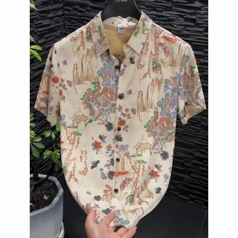 

2025 г., модная мужская рубашка с короткими рукавами в китайском стиле, новая мода с принтом, универсальный повседневный топ с лацканами