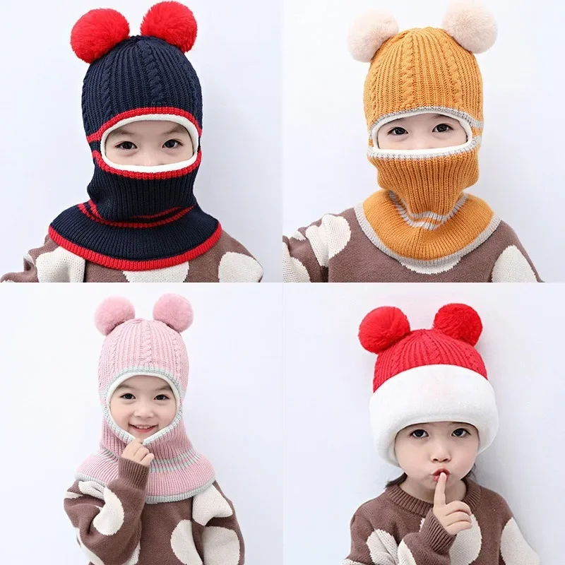 Kinder-Wintermütze mit doppeltem Bommel, Schal-Set, warme gestrickte Sturmhaube mit Gesichtsbedeckung, mehrfarbig, süßer Beanie-Schal für Kleinkinder