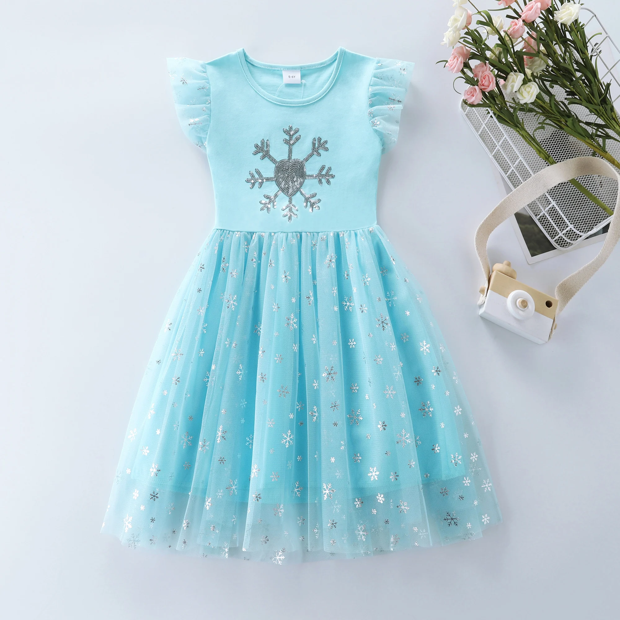 Girls Summer New Product Snow Embroidered Sleeveless Mesh Splice Party Princess Dress SH1711