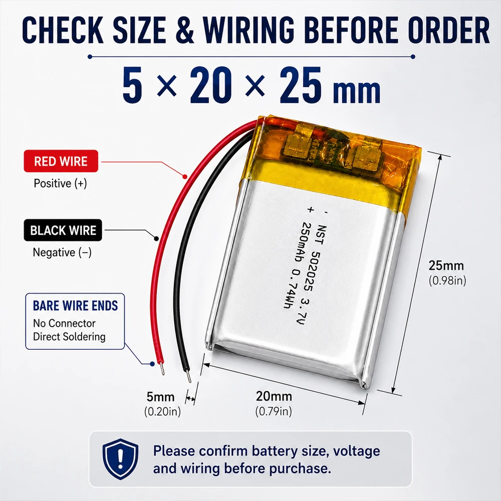 502025 Bateria LiPo 3.7V 200mAh, ładowalna bateria litowo-polimerowa, zamiennik do słuchawek Bluetooth i lokalizatora GPS — zdjęcie produktu 5