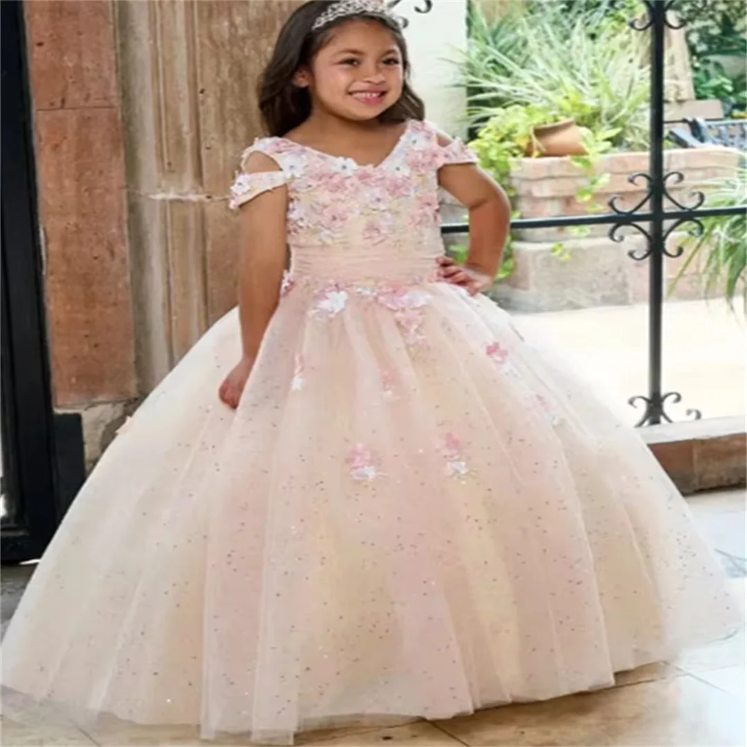 Customized Luxury Flower Girl Dresses For Wedding Floral Appliques Tulle Glitter Floor Length Quinceanera Birthday Banquet Gown