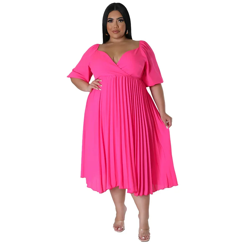 Plus Size damskie plisy sukienka na imprezę seksowne dekolt w szpic krótkie rękawy wysoki stan solidne eleganckie damskie sukienki lato 4XL