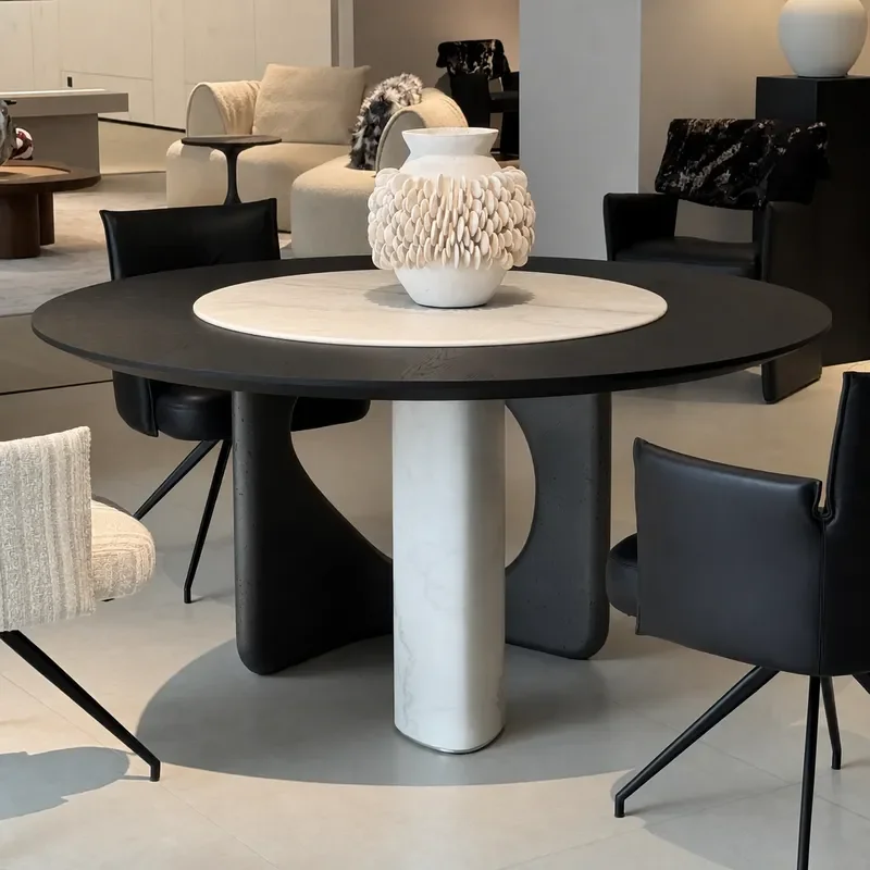 Nordic Marble Round Dining Table Modern Simple Solid Wood Base Creative Slate Top Kitchen Furniture