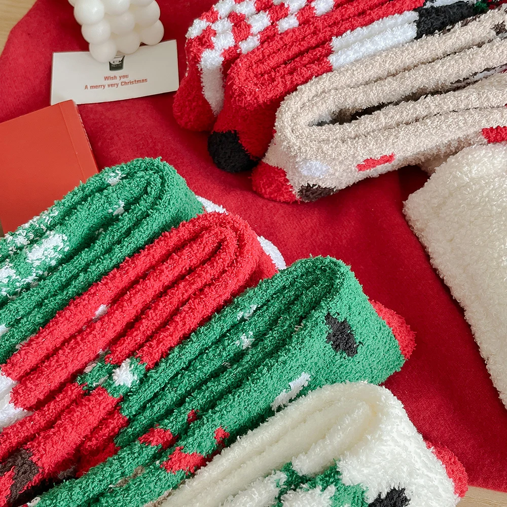 7 Pair Women Autumn Winter Elk Elderly Warm Half Fleece Adult Christmas Socks Women Towels Coral Fleece Middle Socks