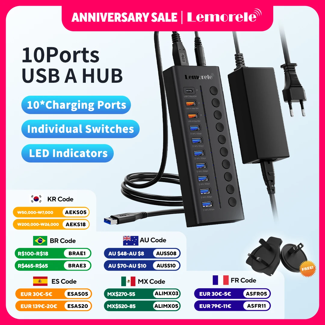 

LEMORELE USB C Hub 10 Port Multi USB 3.0 Splitter Docking station Multiple Expander Cable Hub Docking Stations For Laptop PC