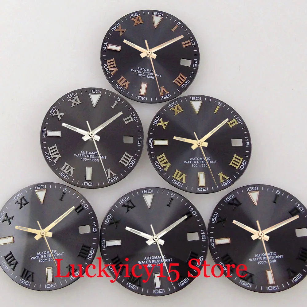 Watch Parts Sterile 29MM Roman Numerals Raised Marks Mercedes Grey Sunburst Dial Date Window Fit NH35A NH36A SKX SRP