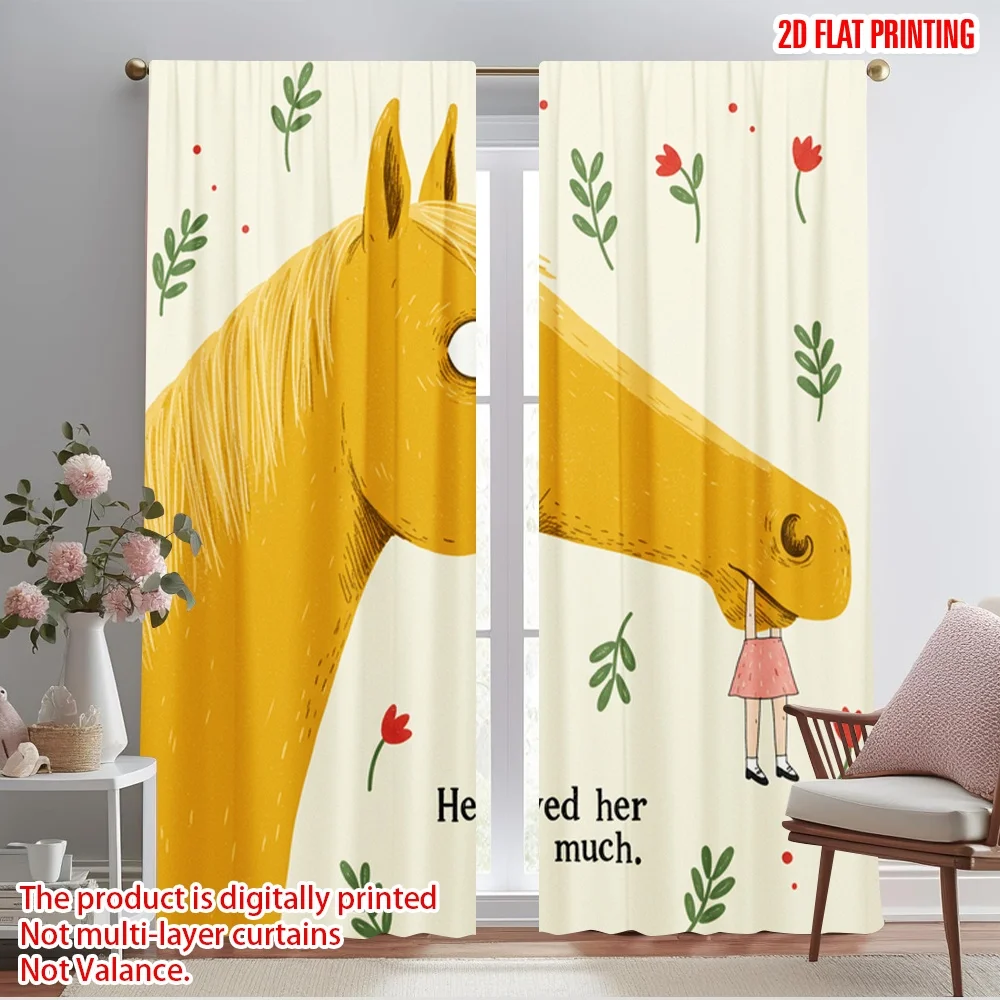 

2pcs 2D flat printing Party Curtains Horse Love Polyester Without Electricity Festive Wall Decor Perfect for Holiday