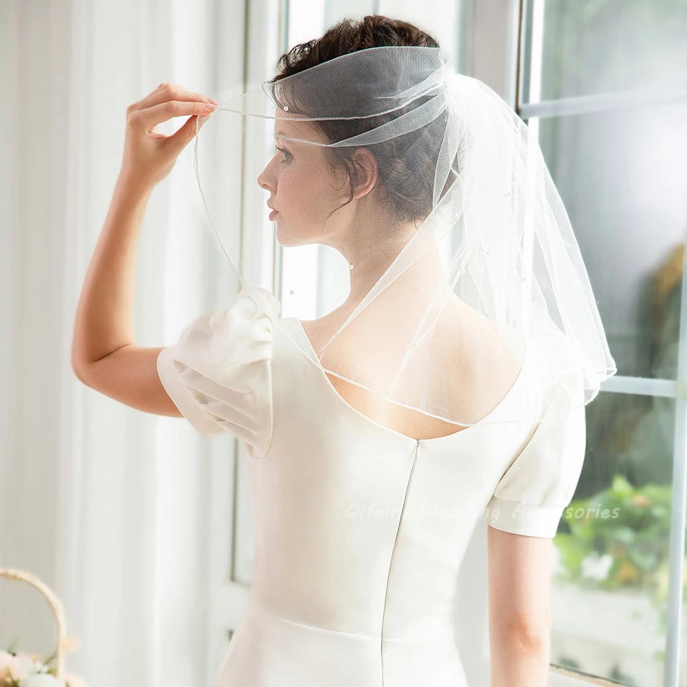 Simple Pearl Beaded Short Wedding Veil with Comb Marriage Shoulder Bridal Veils Accessories image 2