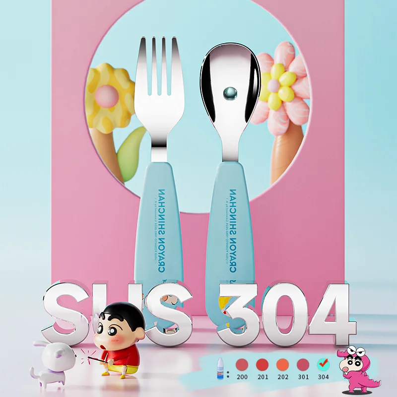 Kawaii Crayon Shin-Chan 304 Stainless Steel Spoon and Fork Set Cartoon Portable Tableware Set Holiday Gifts for Boys and Girls