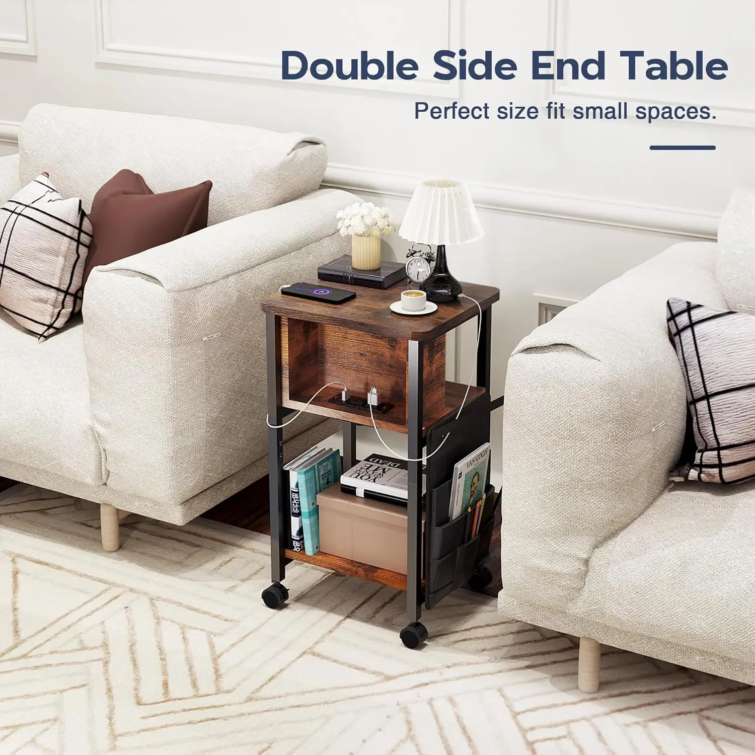 

Merapi Small End Table With Charger, Side Table On Wheels, Mobile Nightstand With Usb Ports, Rustic Wood Sofa Side Table With