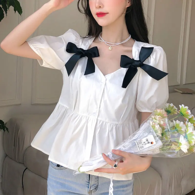 Women\'s Clothing Sweet Bow Shirt French Style Single-breasted Summer Solid Color Casual Elegant V-Neck Loose Short Sleeve Blouse