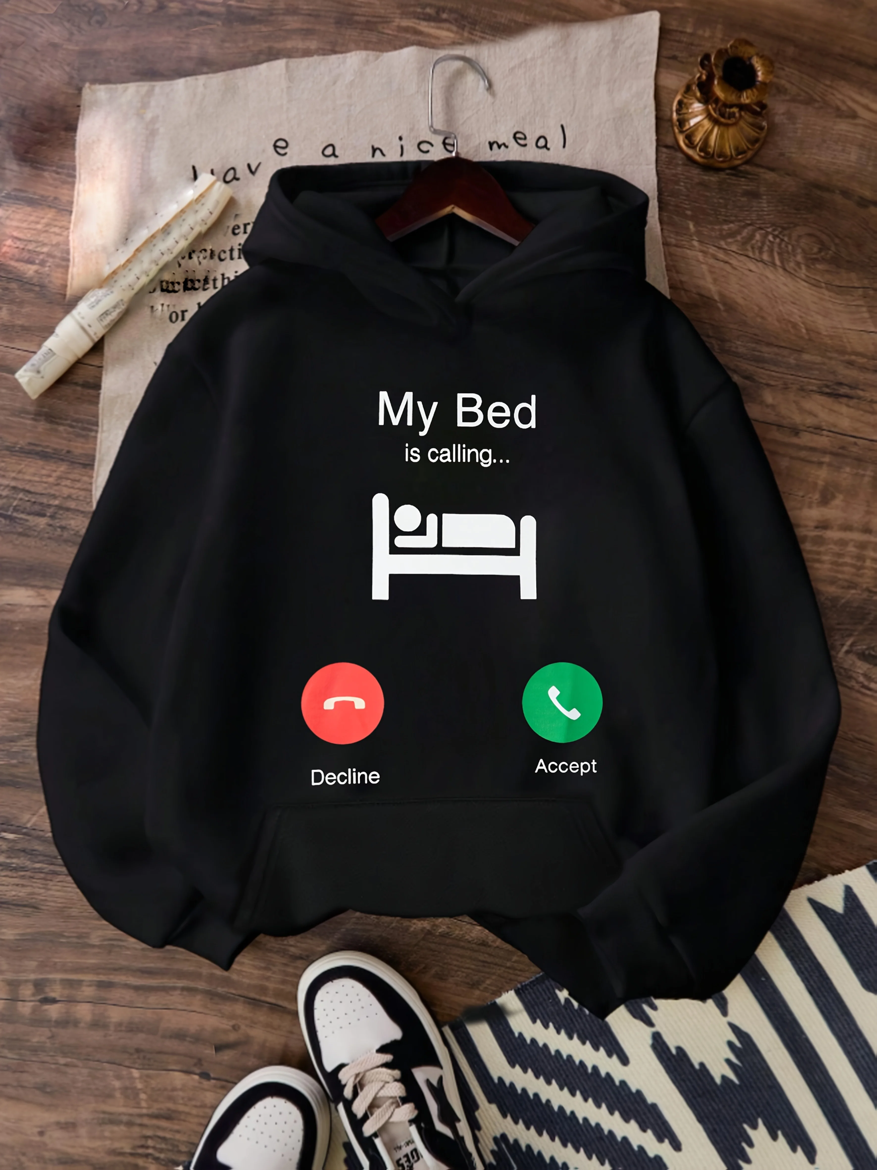 

Hoodie with "My Bed is Calling" Graphic, Kangaroo Pocket, Long Sleeve, Drawstring Hood, Knit Fabric, Comfortable Soft