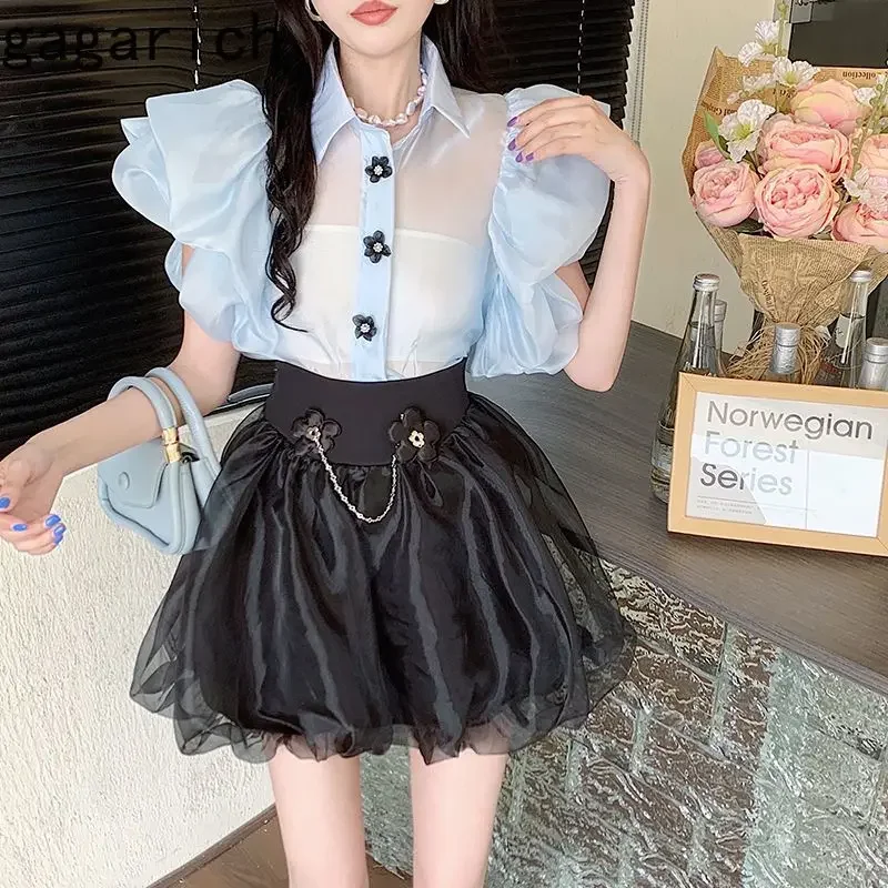 Gagarich Exquisite Set Skirt Summer Bubble Sleeves Shirt Fluffy Half Skirt Luxury Feeling Sweet Cool 2 Piece Set Women Clothing