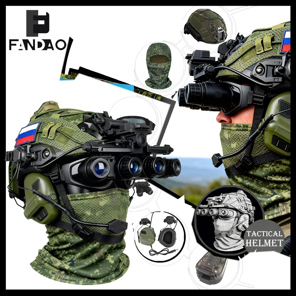 

Tactical Russian Helmet Set Airsoft 8 in1 Bump Camouflage Helmet Set with Balaclava Headset NVG Dummy Model for Field CS Cosplay