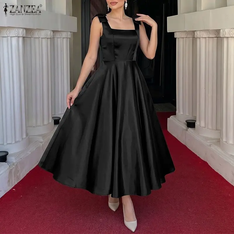 Elegant Party Dress ZANZEA Women Evening Gown Square Neck Straps Dresses Sleeveless Office Work Satin Sundress A Line Bows Robe view 4