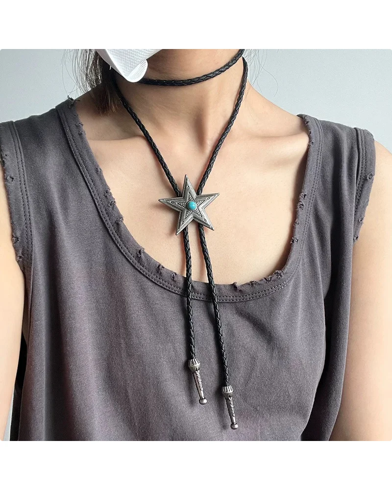 MM Punk Denim Vintage Necklace Pendant Sweater Chain Cool Bola-Tie Western Cowboy Shirt Tie Personality Pentagram