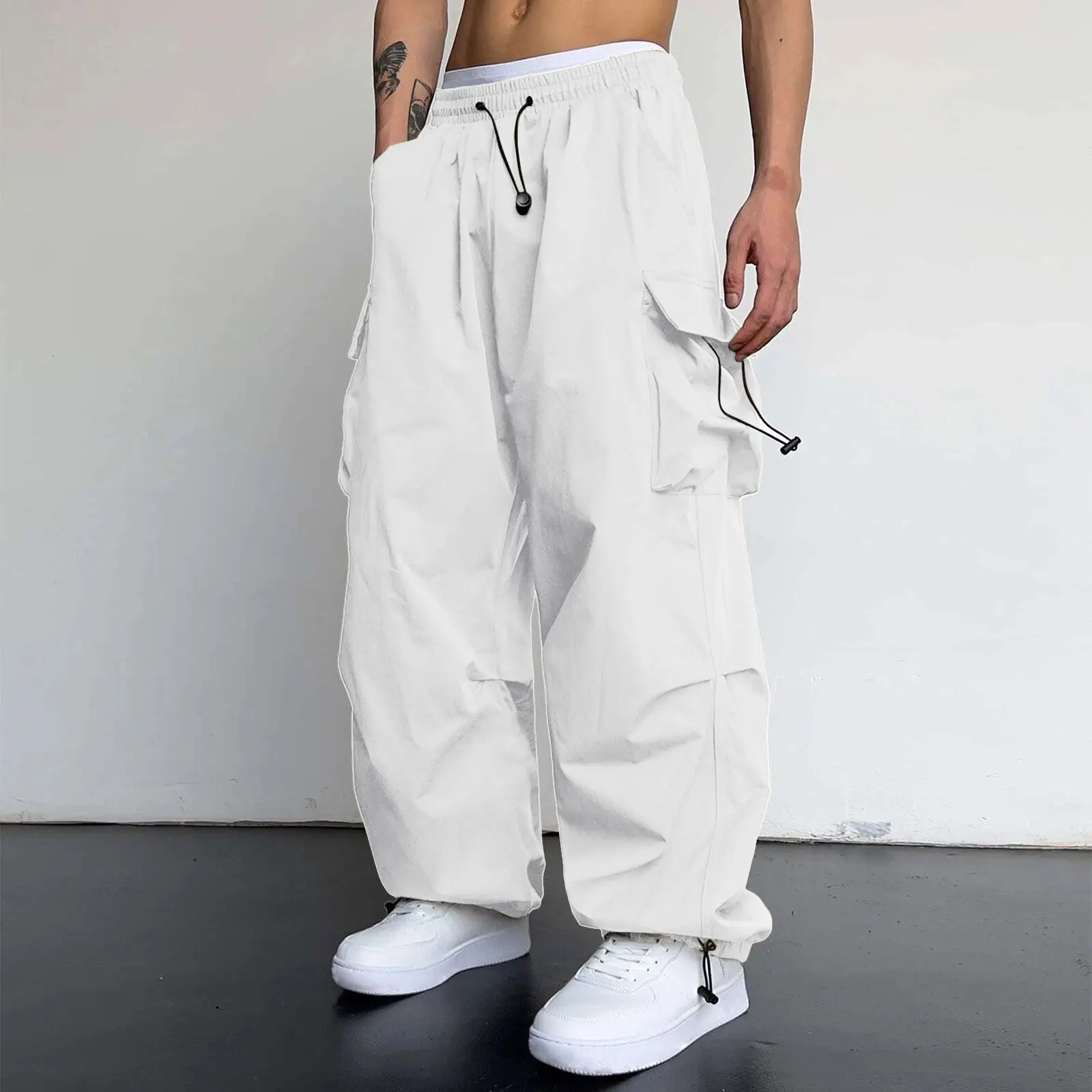 2024 Quick drying workwear pants for men's summer American style parachute pants high waisted wide leg casual drawstring pants N