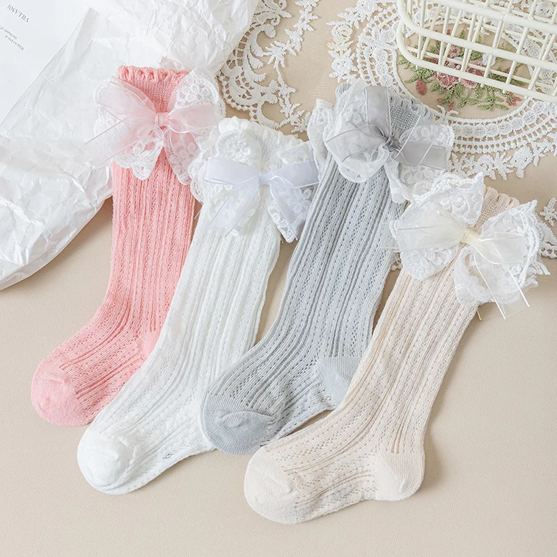 

Cute Lace Bow Baby Girl Stockings Spring Summer Mesh Breathable Calf Socks Korean Kids Cotton Thin Middle Tube Socks