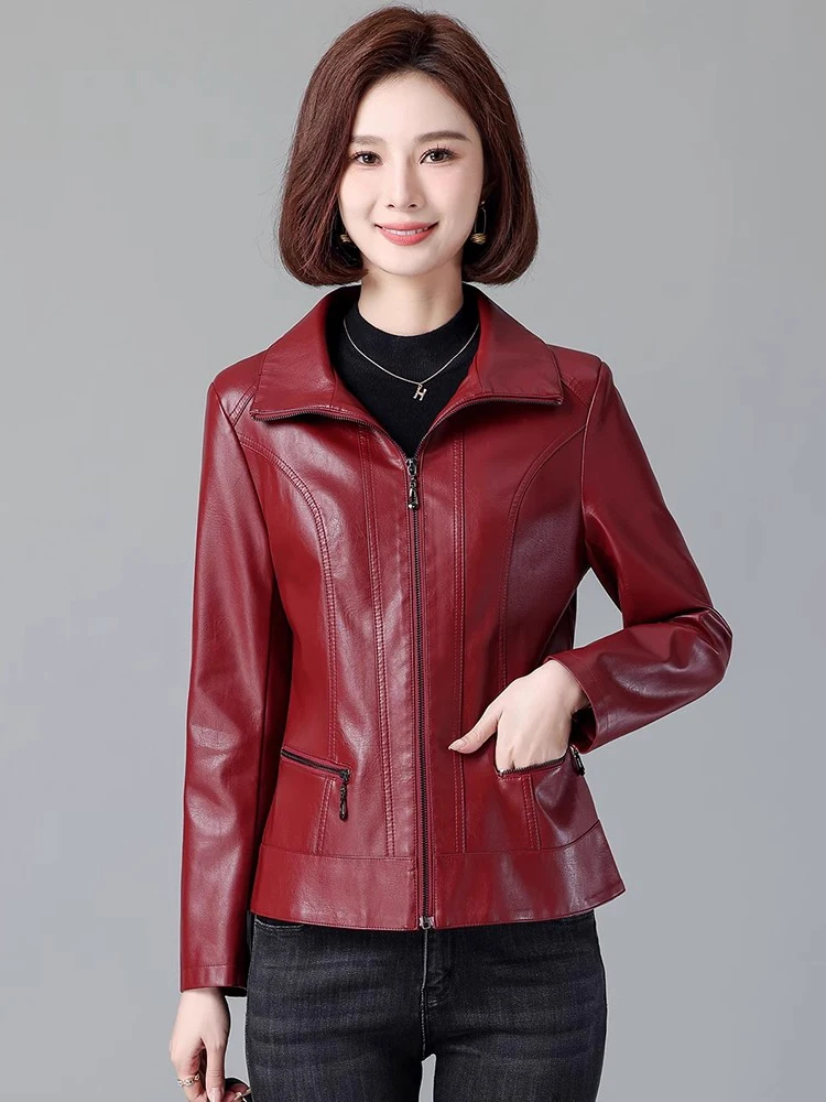 New Women Casual Moto Biker Leather Jacket Spring Autumn Fashion Turn-down Collar Long Sleeve Short Split Leather Coat