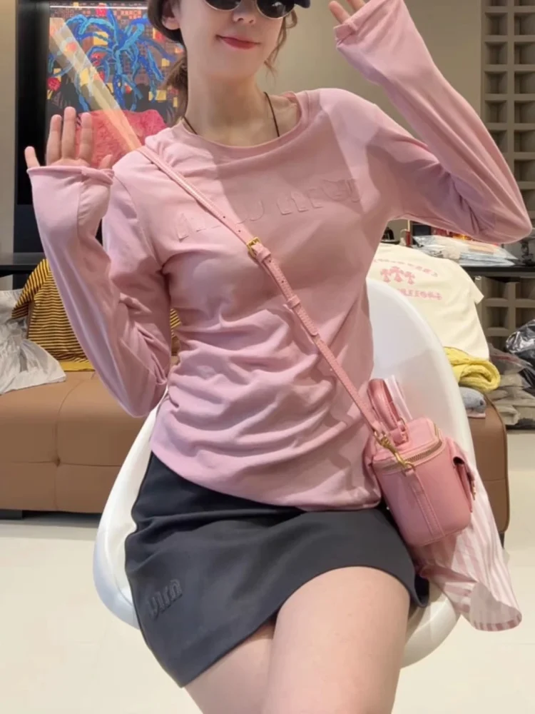 

Облегающая футболка Long Sve round Ne, женская летняя новая тонкая модная футболка для похудения, модный топ, удобный топ...