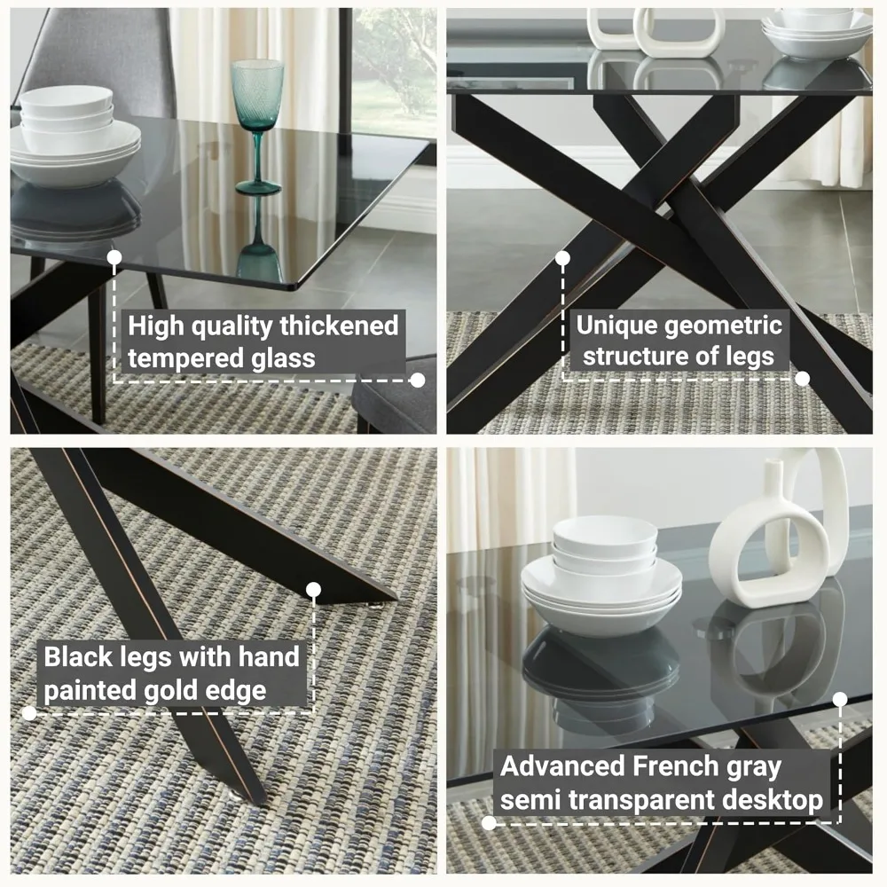 طاولة طعام حديثة من الزجاج المقسى باللون الرمادي مع أرجل معدنية سوداء، بطول 58.5 × 29 عريضة × 30 مرتفعة #4