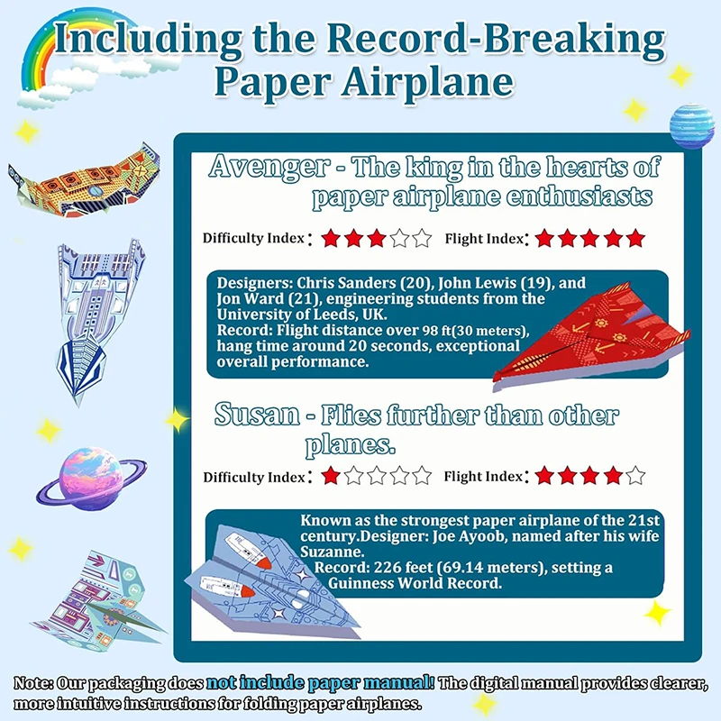 12-64 Sheets Colorful Airplane Origami Paper Kits World Record Paper Planes Craft Kit Gifts for Boys Girls Funny Outdoor Games image 2