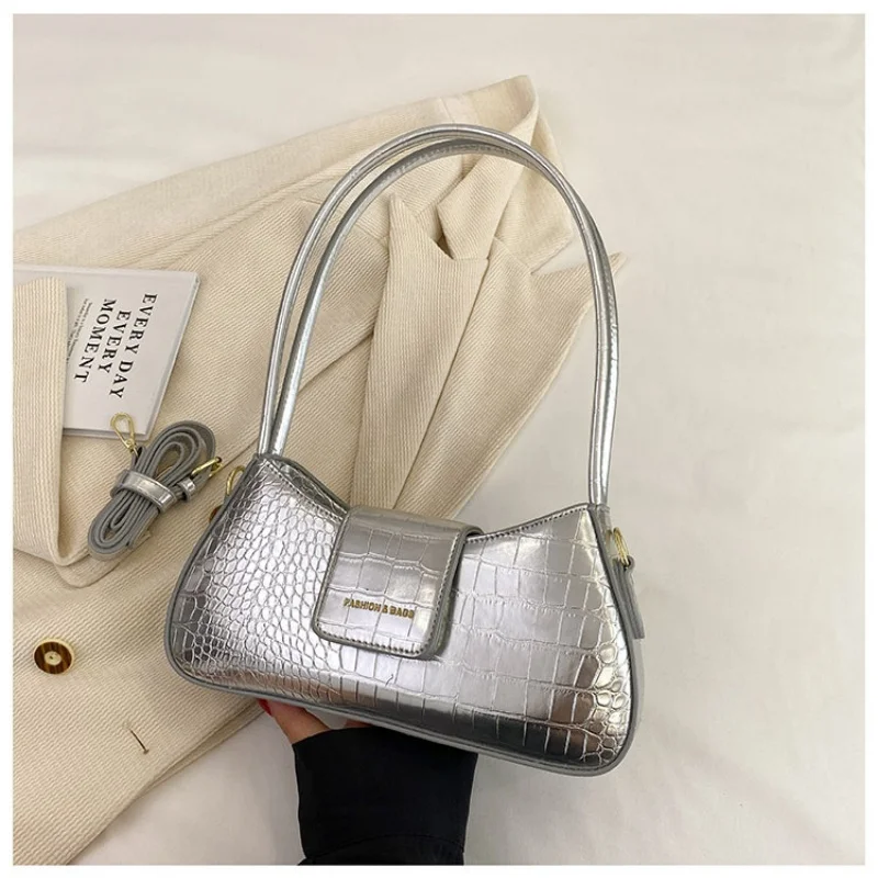 Women Crocodile Pattern Baguette Shoulder Bag, Solid Color Glossy Finish Retro Underarm Hand Purse