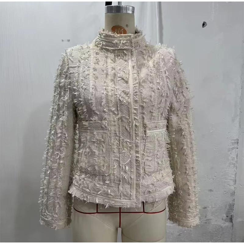 Damenmäntel mit Quasten, Rollkragen, Langarm, Einreihig, Tailliert, Frühlings- und Herbstjacken, Neuer Tweed-Mantel für Damen – Detail 1
