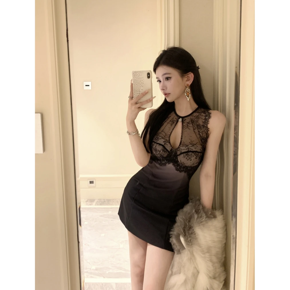 Sexy dentelle adient taille a-ligne ort jupe évider Svel gilet Dr taille haute moulante automne hiver nouveauté femmes