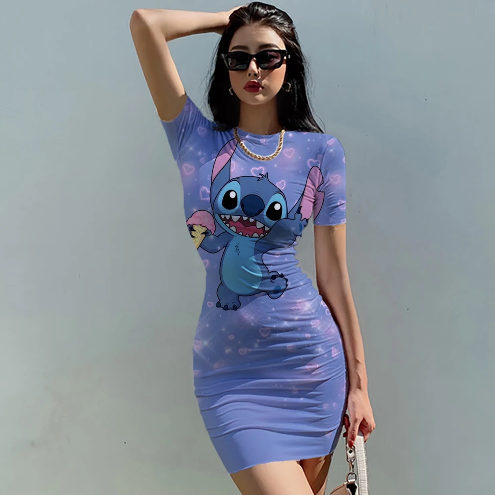 

Elegant Dresses for Women 2024 Top Sexy Slim Fit Tight Women's Dress Casual Disney Stitch Cartoon Fashion Print Mickey S-3XL