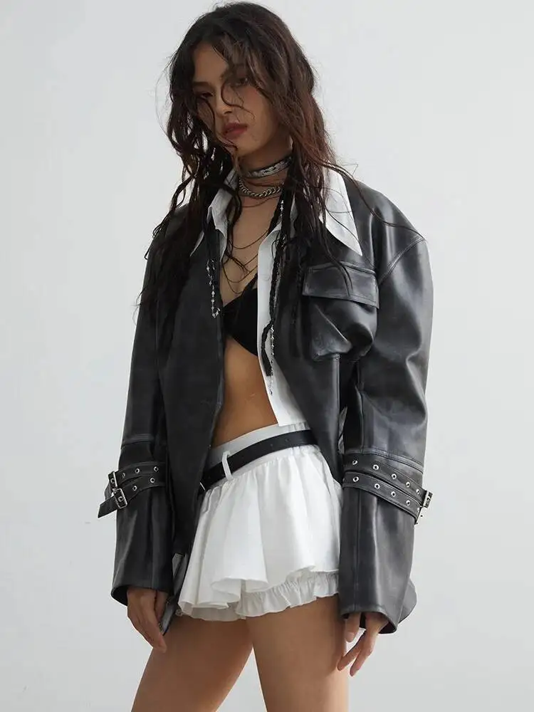 

Fit Black Loose Pocket Big Size PU Leather Jacket New Lapel Long Sleeve Women Coat Fashion Spring Autumn 2026 B4ZN