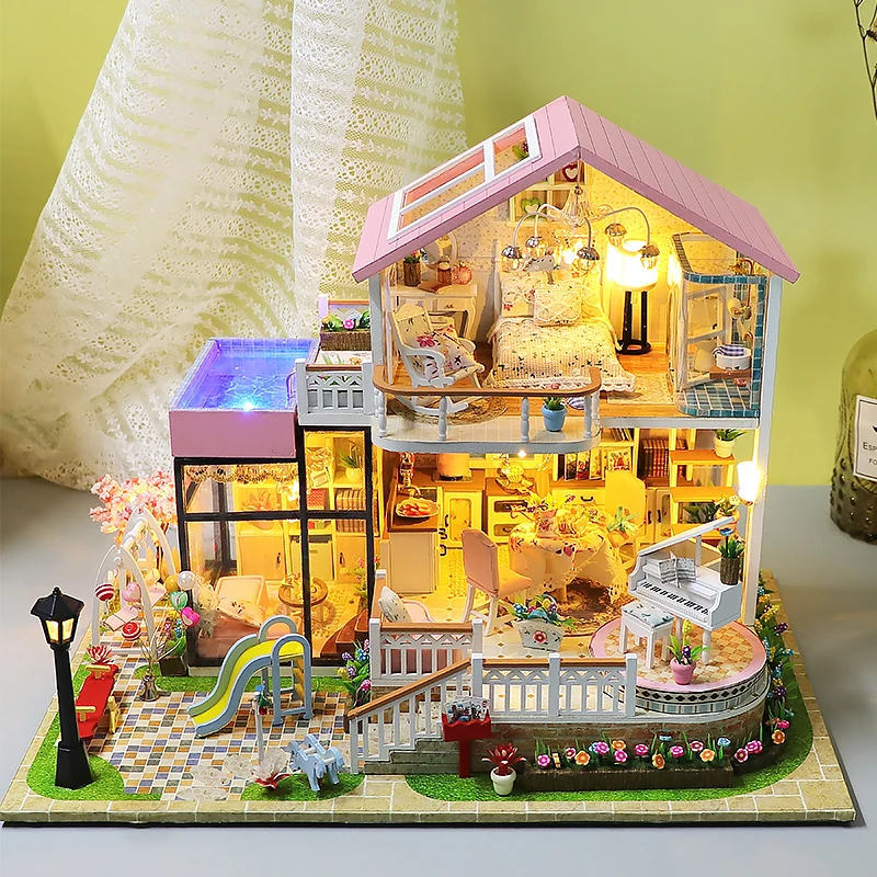 Zuuton DIY Doll House Kit Villa with Pool Piano LED Light Wooden