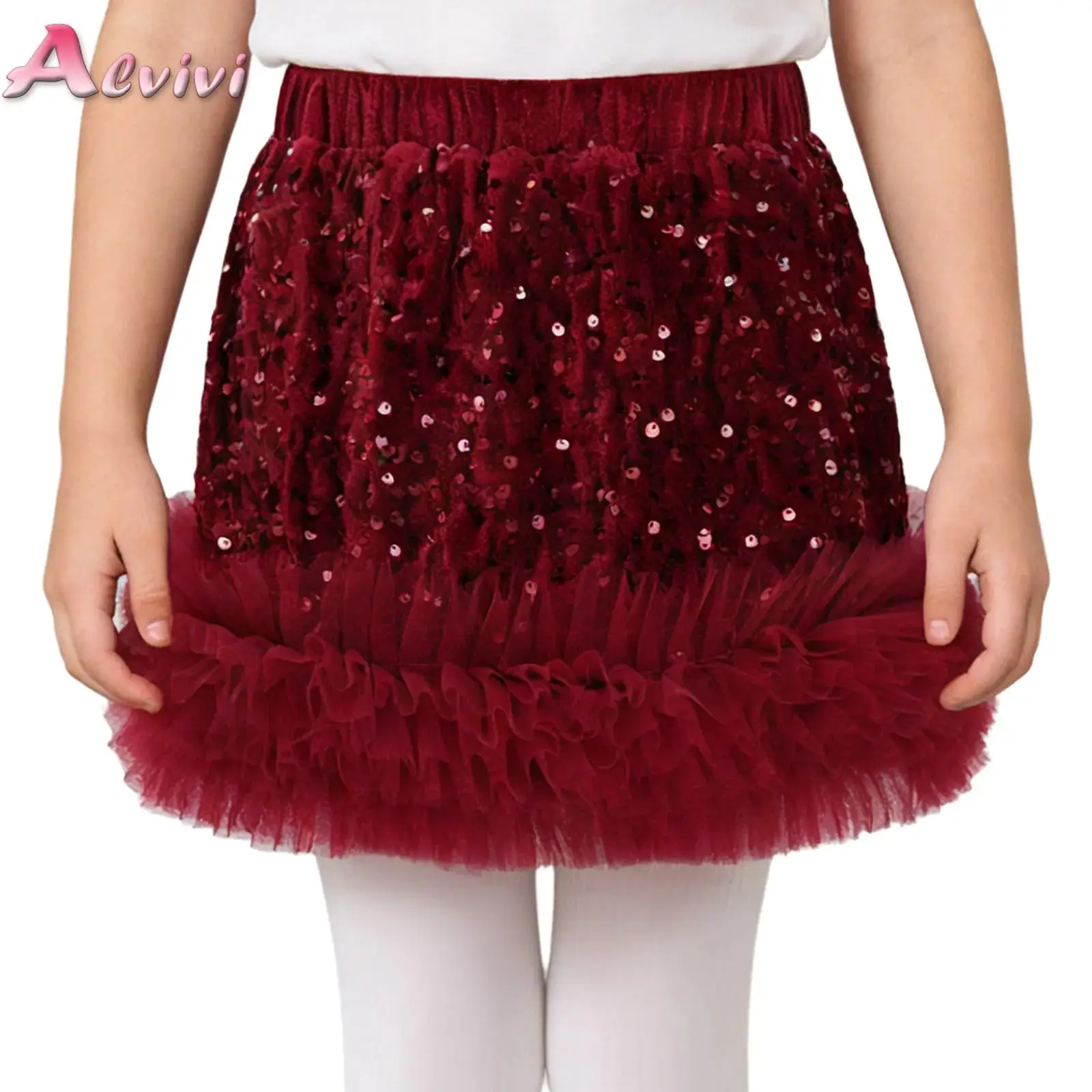 

Glittery Sequins Velvet Skirt Girls Elastic Waistband Ruffled Hem Pettiskirt Solid Colors Tutu Skirts Girl Dance Skirt Christmas