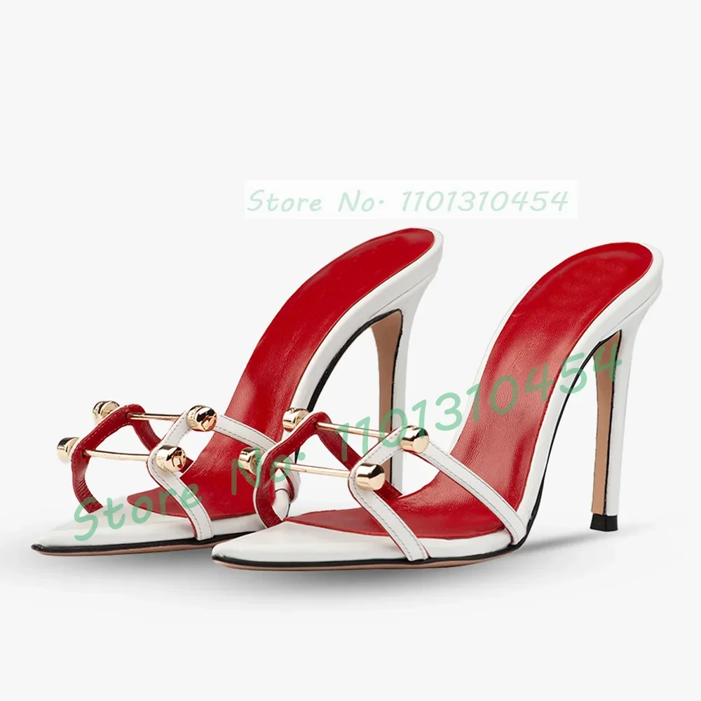 Silver Patent Leather Long Nail Pointy Mules Women Sexy Double Strap Luxury Stiletto Heel Shoes Ladies Summer Metal Slippers