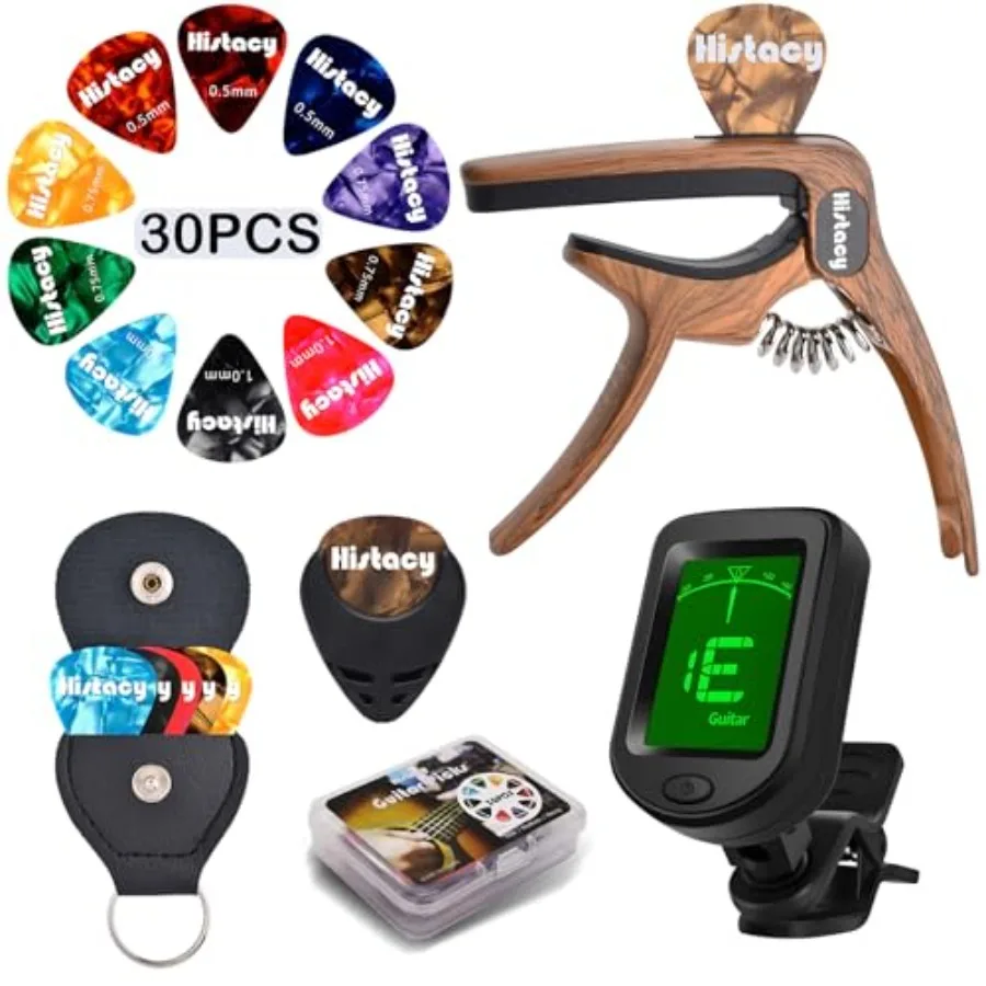 

Guitar Accessories Kit: Clip On Guitar Tuner 3 in 1 Guitar Capo 30 Guitar Picks Pick Holder Leather Plectrum Pouch Keyring Stor