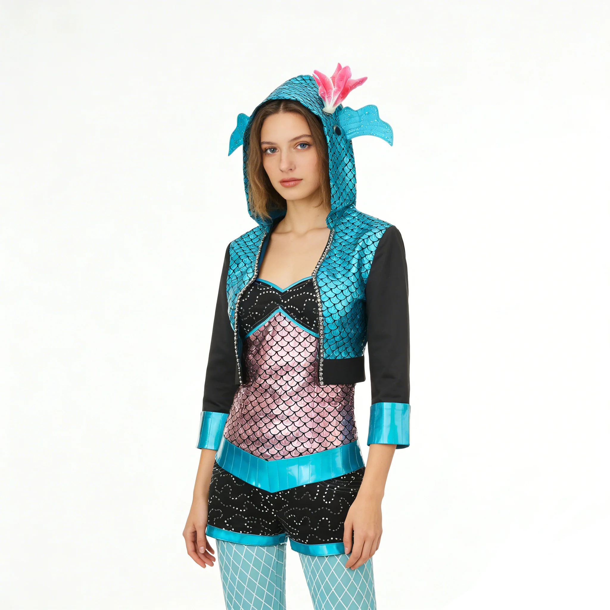 

Awwwcos Anime Lagoona Blue Cosplay Costume Women Blue Scale Print Hooded Outfit with Accessories Full Set for Halloween Carnival