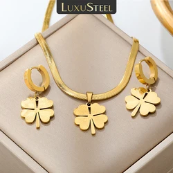 LUXUSTEEL Chain Pendant Earnail Set Four-Leaf Clover Shaped Stainless Steel Pendants Necklace Earring Sets Necklace Jewelry Gift