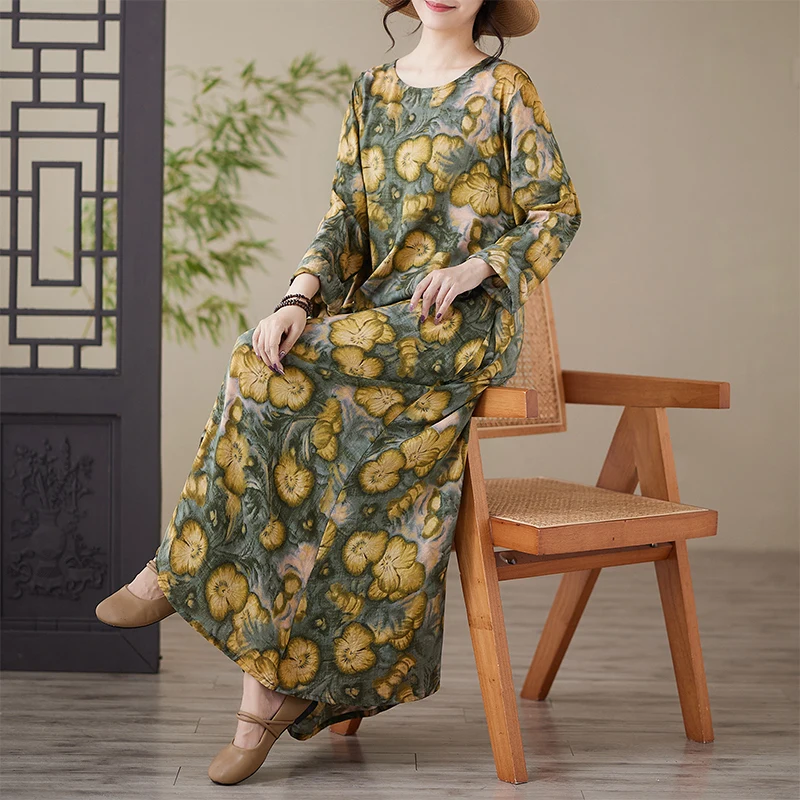 Loose Fit Long Sve Cotton Linen Print Maxi Dr Summer Vaion Dr round Ne plus Size Women's Dr Commute Sle
