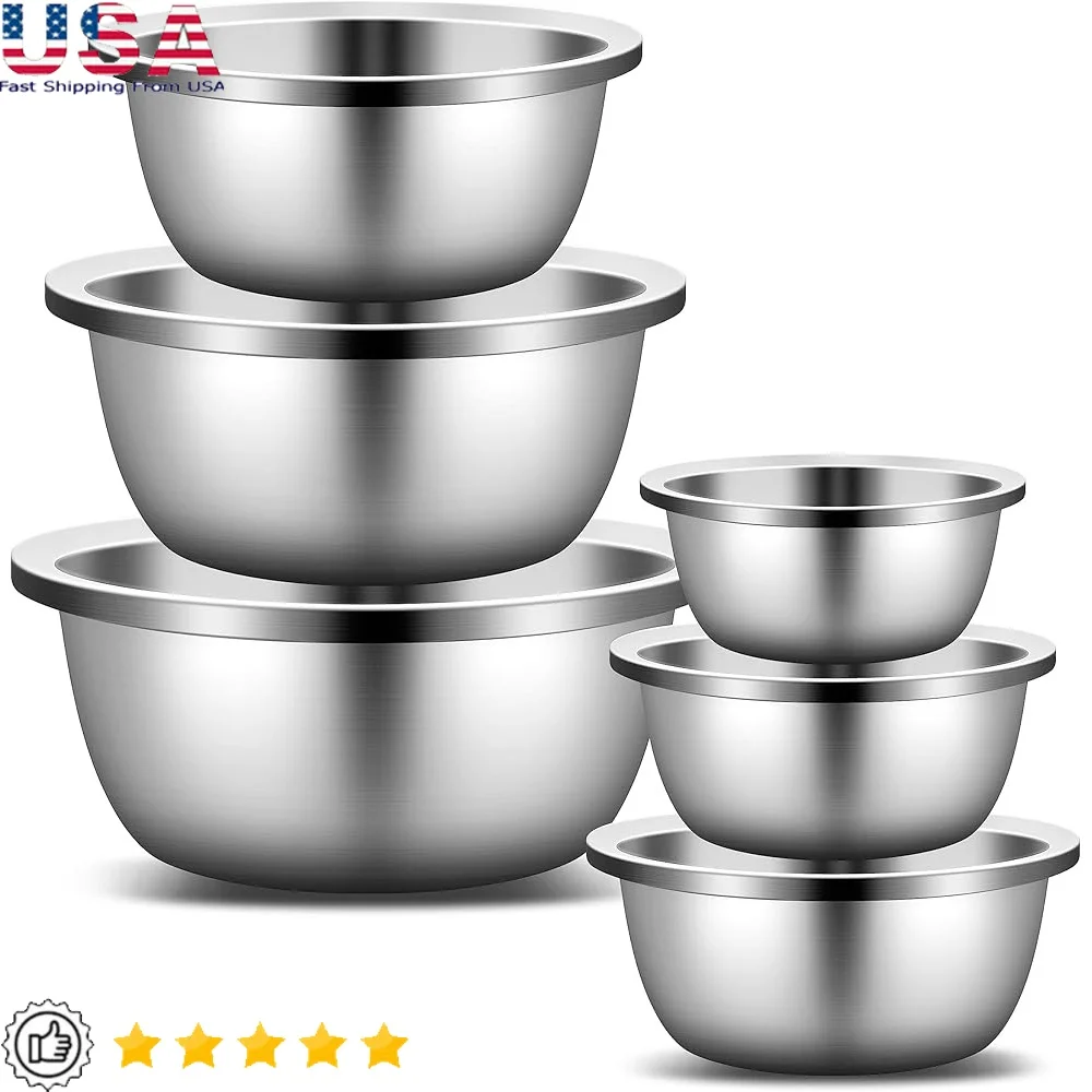 

Set of 6 Stainless Steel Mixing Bowls Heavy Duty Nesting Bowls Easy to Clean Space Saving Ideal Cooking Baking Food Prep