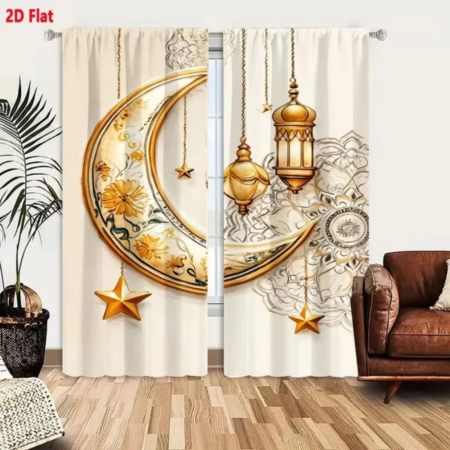 2 PCS Flower Moon Lantern Curtains, Festival Style Window Drapes for Living Room Bedroom Home Decor Polyester Rod Pocket Design