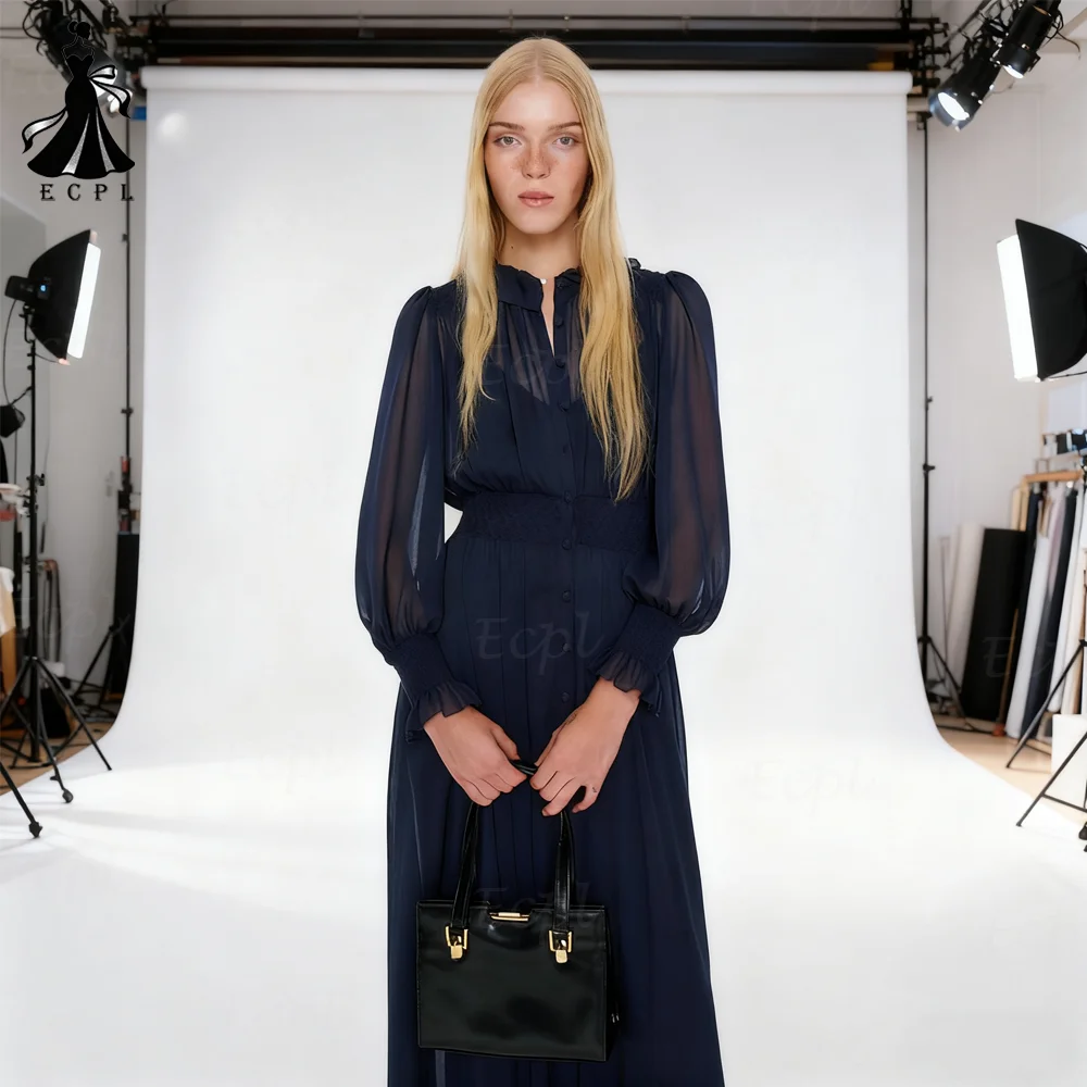 Ecpl Boho Chiffon A-Line Party Dresses Long Puff Sleeves Buttons Prom Gown Flooفساتين حفلات شيفون على شكل حرف a من Ecpl Boho بأكمام طويلة منتفخة وأزرار فستان حفلات بطول الأرض pläееее femenško seara مصنوع حسب الطلب 2025 #3