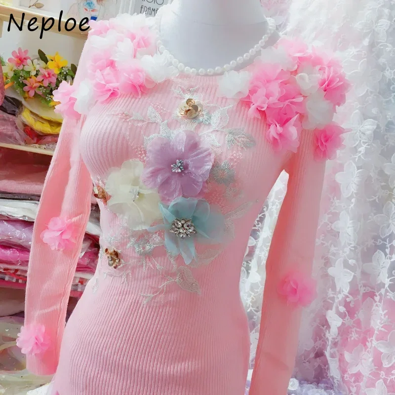 Neploe Vintage Jersey Mujer sweter Y2k O szyi jednolity kolor z długim rękawem Pull Femme 3D kwiatowy diamenty koronki Patchwork bluzy