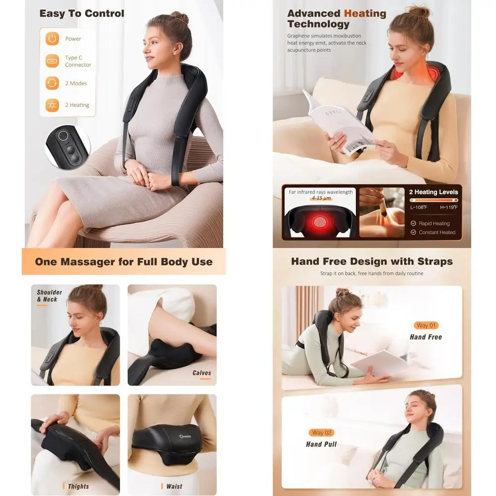 

4D-массажер Шиацу с подогревом для глубокого разминания плеч, спины и ног — идеален для снятия боли и портативного использования