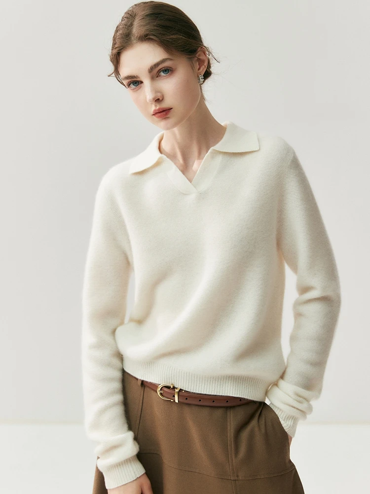 

Autumn Winter Women's Sweater Wardrobe Essential 100% Cashmere Pullover Polo V-Neck Long Sleeve Pullover Loose Premium Knit Tops