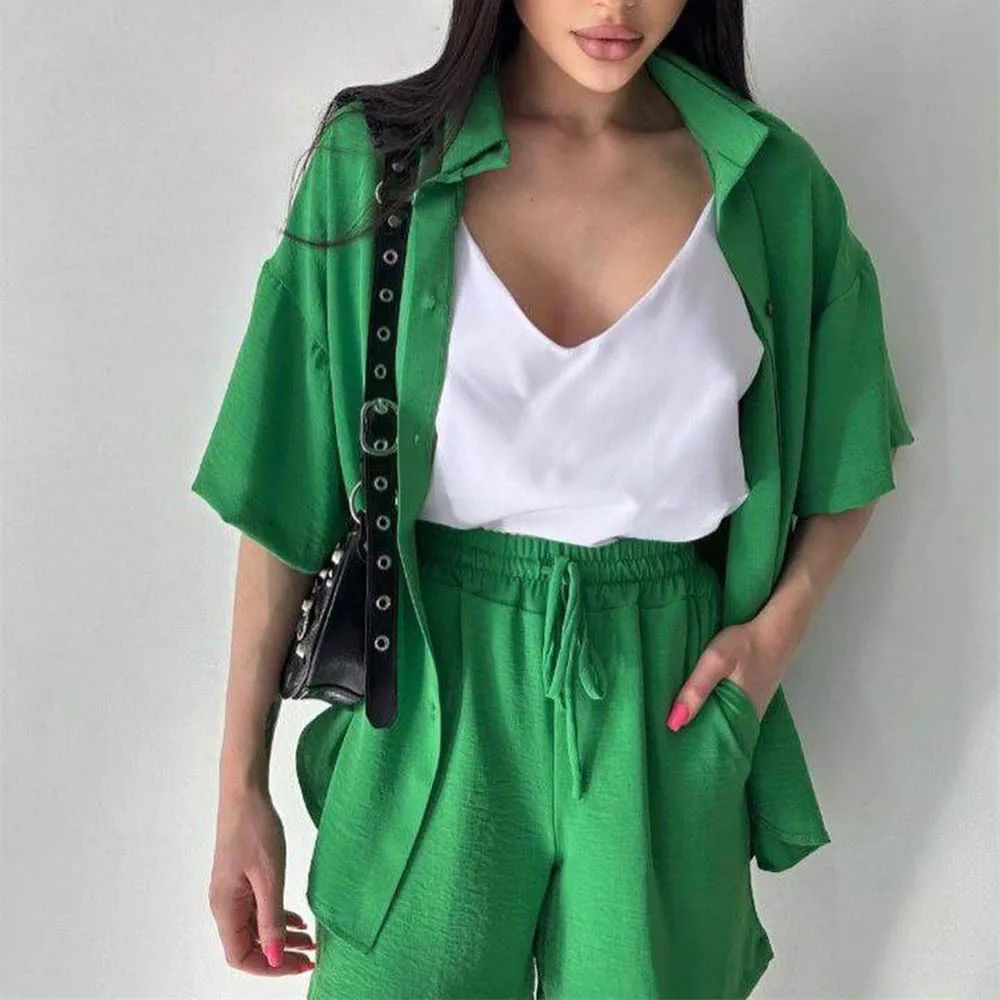 2025 summer women new solid color lapel half-sleeved shirt jacket + drawstring shorts women's out-of-commuting style shorts suit