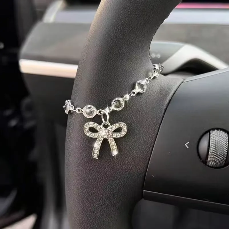 Sparkling Rhinestone Bow Chain Car Steering Wheel Decoration Exquisite Elegant Car Interior Decoration Unique Bracelet Pendant