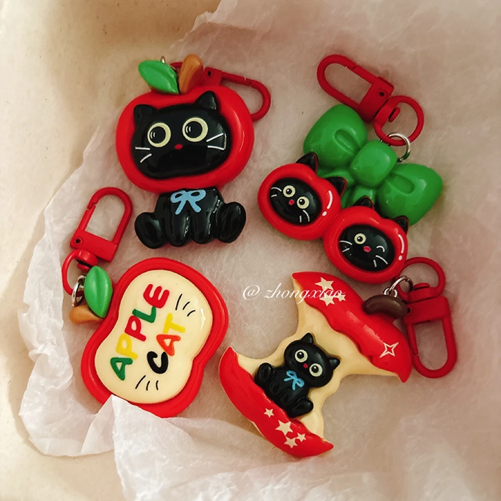 Cute Apple Black Cat Keychain Cartoon Resin Bag Charm Mini Key Ring Aesthetic Backpack Pendant Holiday Gift For Girls Women - view 3