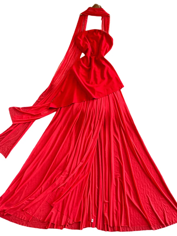 Red Ele Off-oulder Long Dr Women's Summer Slimming Me Insert High Waist A-Line Gown Korean Sle Midi Dr